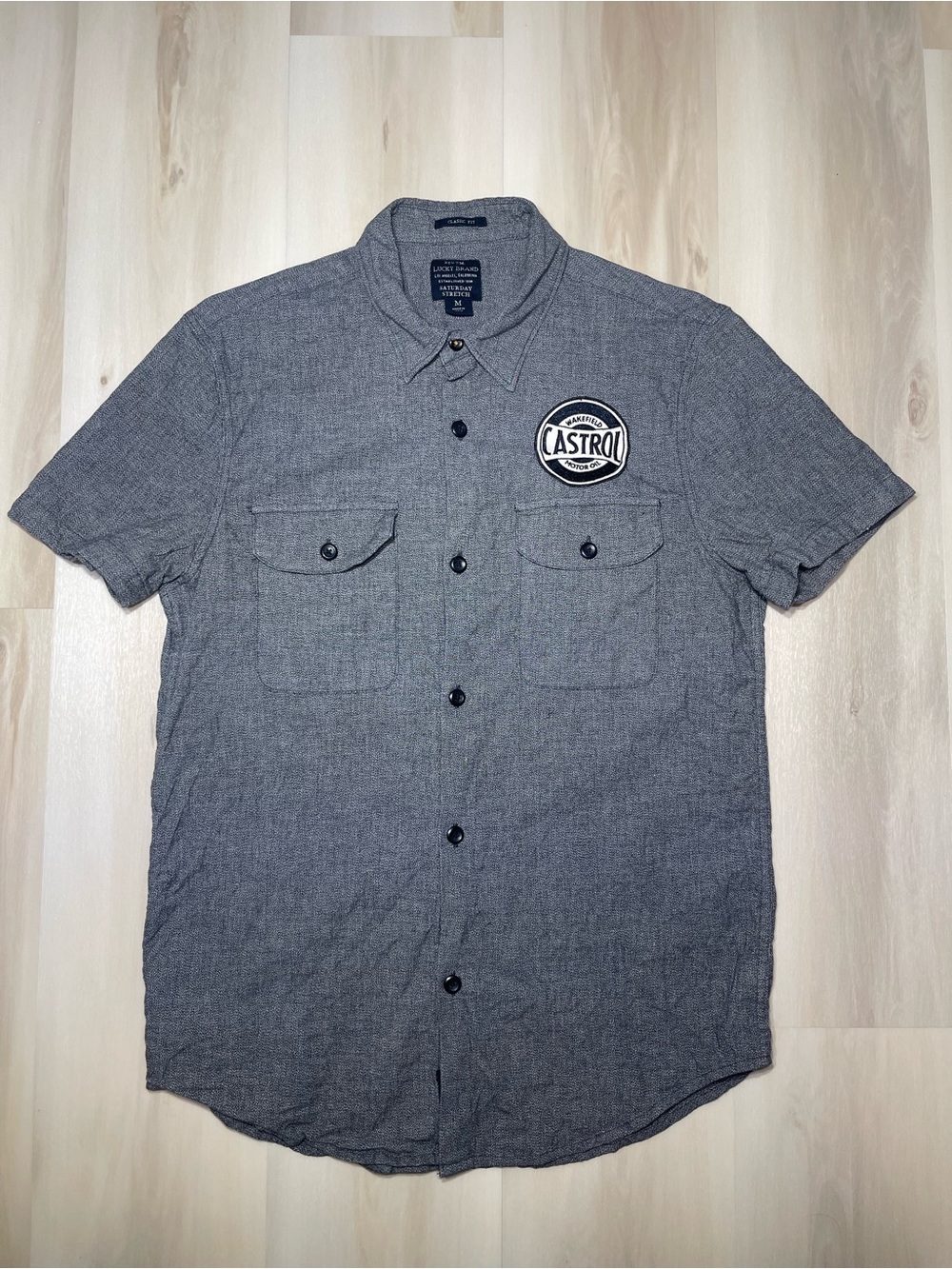 Lucky Brand Classic Fit S/S Button Up Castrol Work Shirt Saturday Stretch